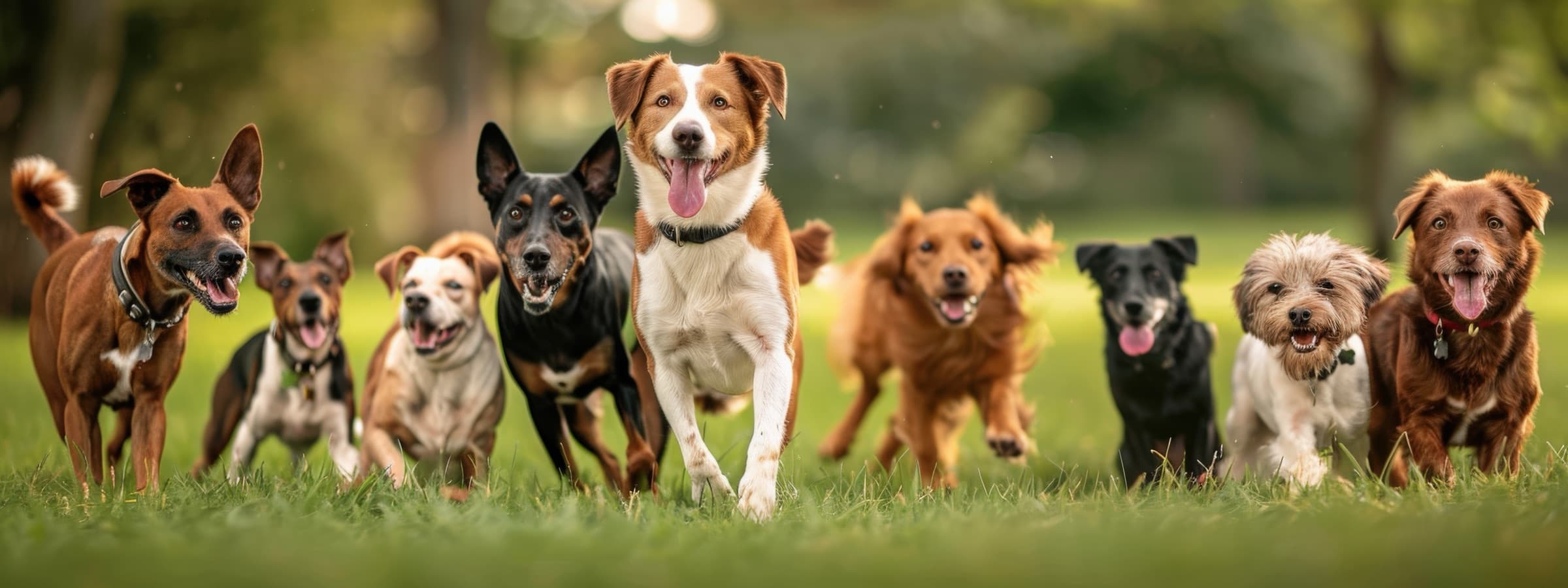 A group of happy dogs of different sizes running toward the camera across a green park